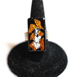 Vintage Gold Fleck Glass Stone Silver Tone Cuff Adjustable Ring